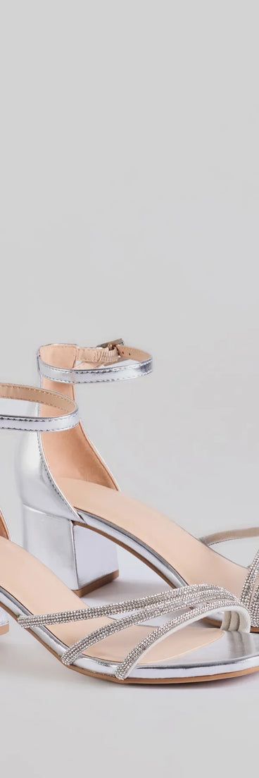 Step into style with the Glam Up Rhinestone Strappy Low Block Heels, silver heels made to complete your Windsor look with comfort and glam in mind.