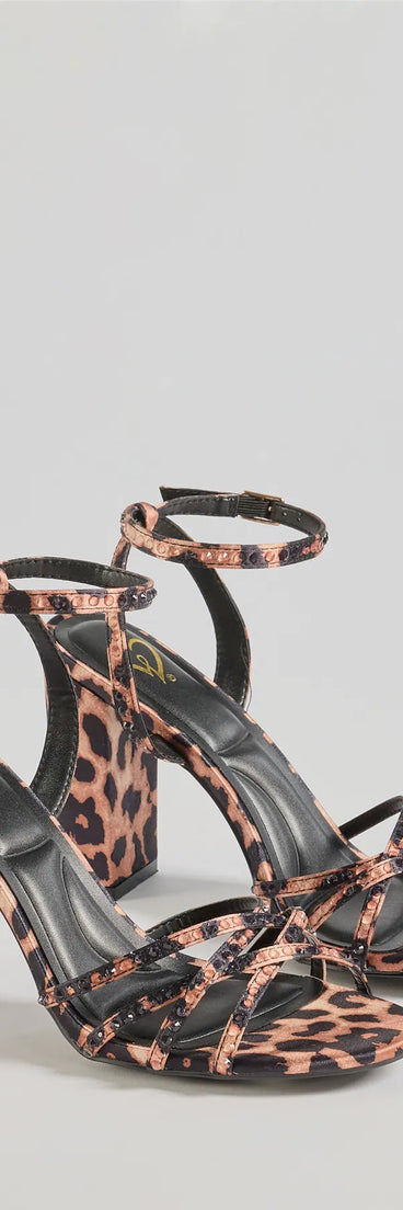 Step into style with the Sassy Rhinestone Strappy Leopard Print Block Heels, leopard print heels made to complete your Windsor look with comfort and glam in mind.