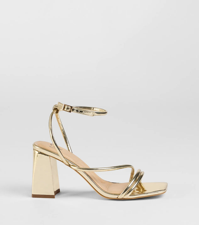 Elevate warm-weather looks with Get That Glow Metallic Block Heels in gold, a pair of trendy sandals bringing chic, modern flair to every step.