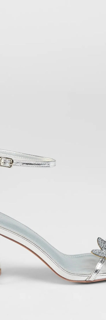 Turn heads in the Fly Girl Butterfly Metallic Block Heels, silver heels showcasing a fresh trend or stylish detail made to elevate your full Windsor fit.