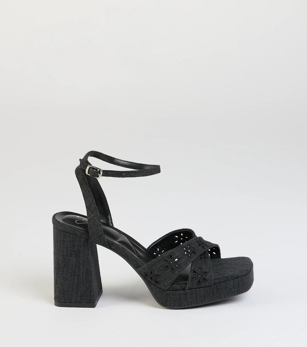 Elevate warm-weather looks with Darling Sunshine Eyelet Platform Block Heels in black, a pair of trendy sandals bringing chic, modern flair to every step.