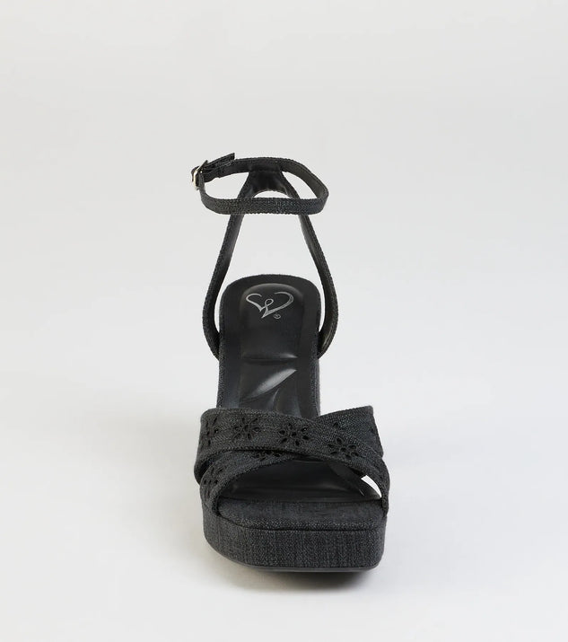 Turn heads in the Darling Sunshine Eyelet Platform Block Heels, black heels showcasing a fresh trend or stylish detail made to elevate your full Windsor fit.