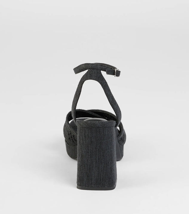 Elevate warm-weather looks with Darling Sunshine Eyelet Platform Block Heels in black, a pair of trendy sandals bringing chic, modern flair to every step.