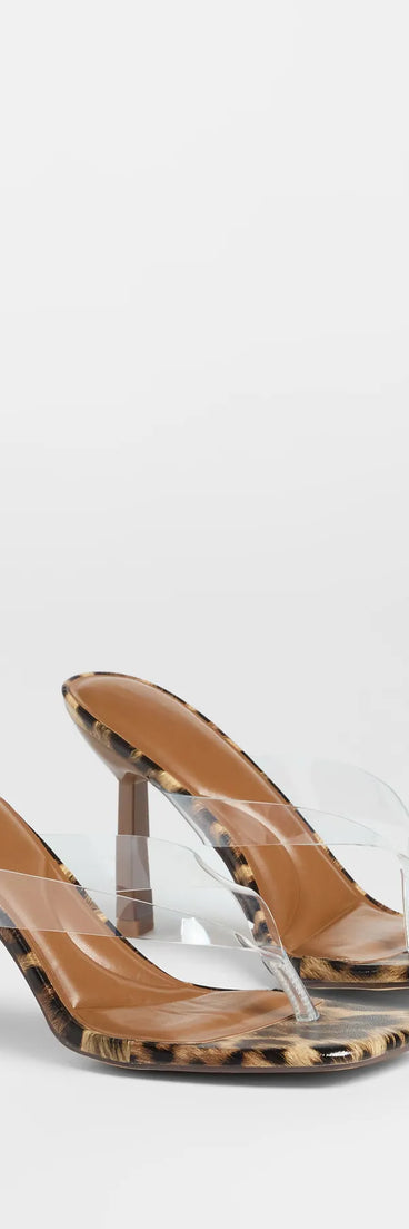 Step into style with the Lady In Leopard Thong Stiletto Mules, leopard print heels made to complete your Windsor look with comfort and glam in mind.