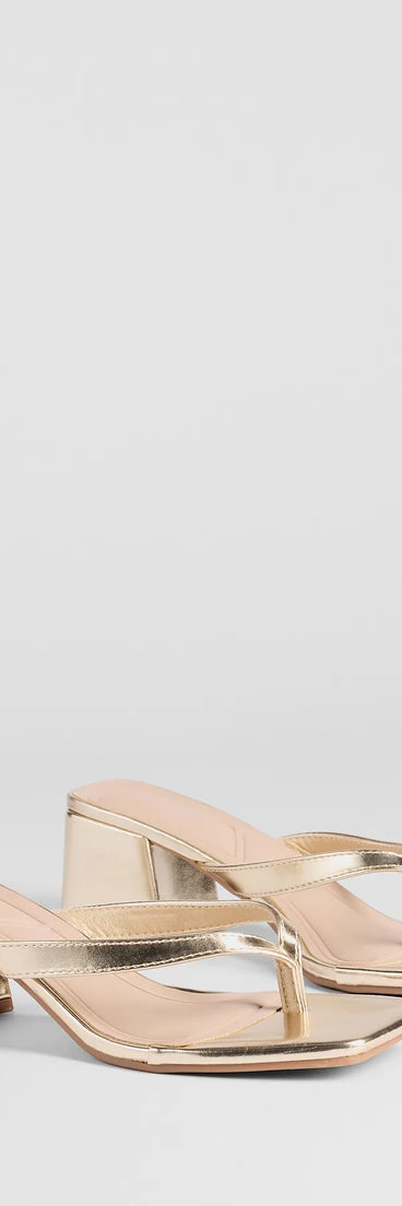 Step into style with the Elevated Chic Thong-Strap Mules, gold heels made to complete your Windsor look with comfort and glam in mind.