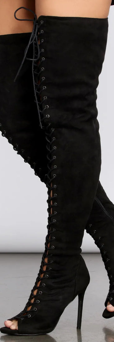 Peep Toe Lace Up Thigh High Stiletto Boots