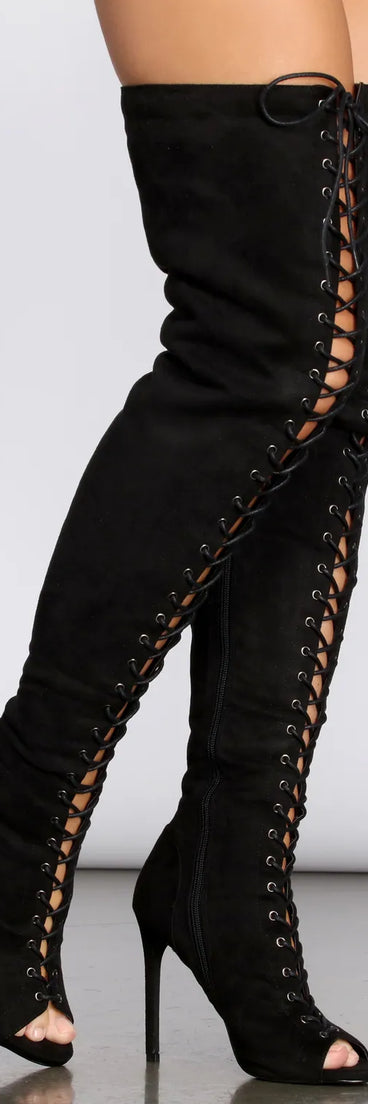 Peep Toe Lace Up Thigh High Stiletto Boots