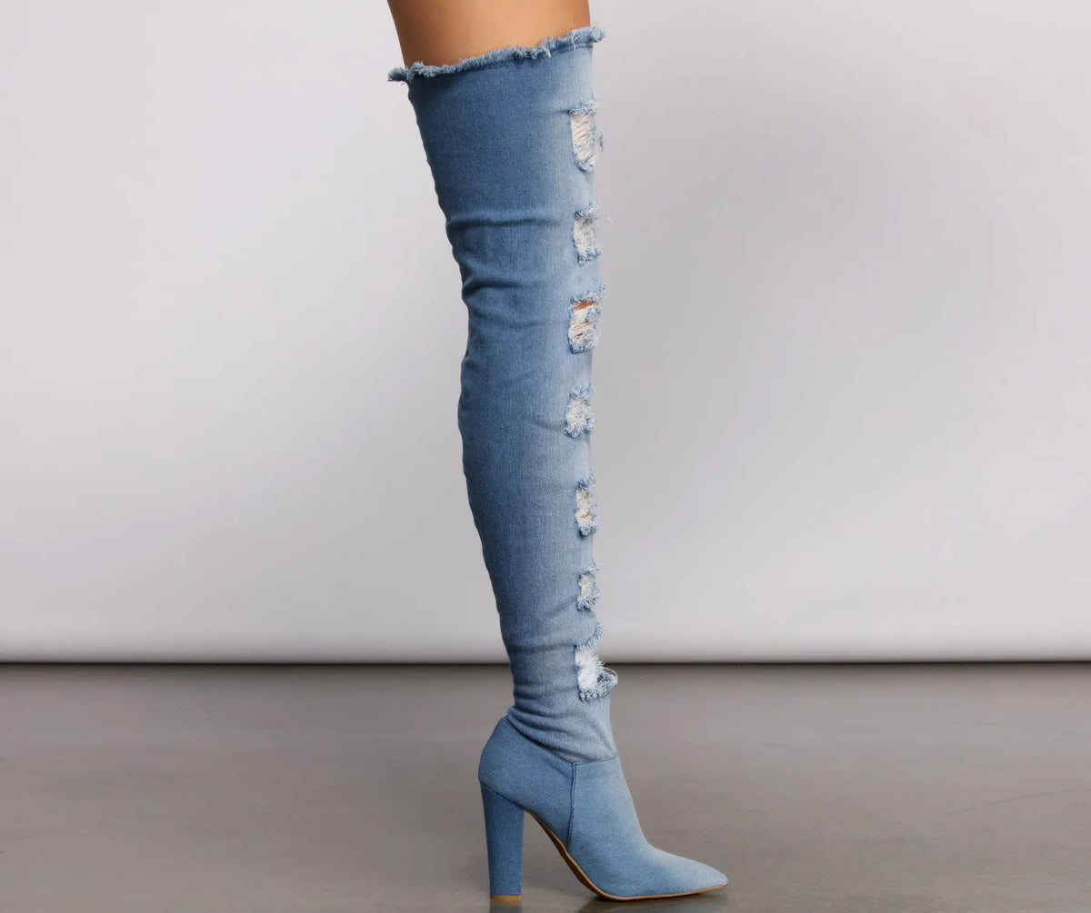 Destructed Denim Over The Knee Heeled Boots | Windsor