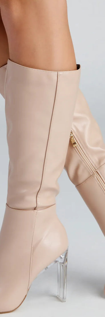 Clearly Chic Lucite Heel Boots, a trendy nude addition to women's going-out outfits, is ideal for Christmas party outfits, chic NYE attire, or winter night-out looks that keep you on-trend!