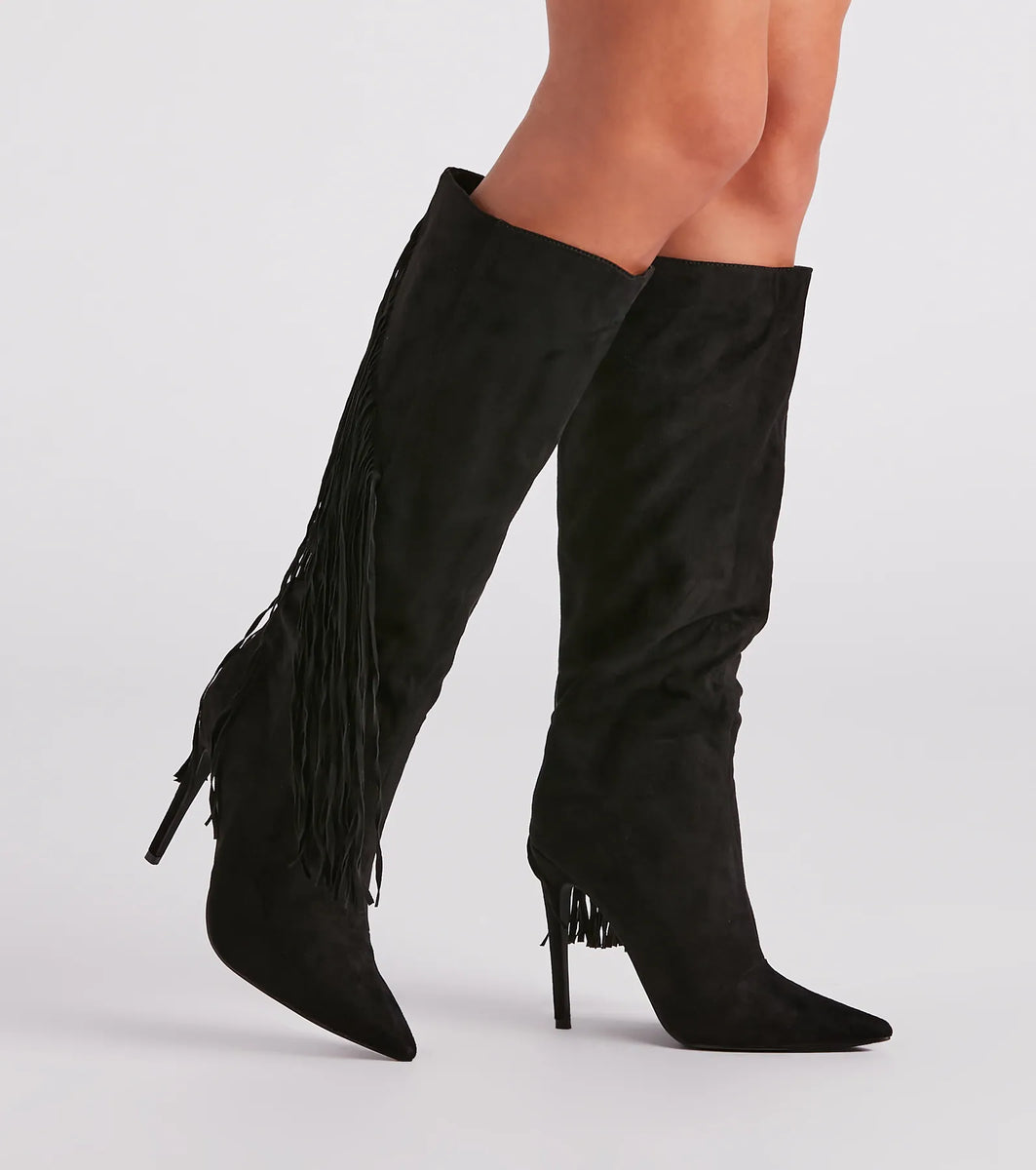 Womens Boots Fringed Knee High Boots Chic Strut Fringe Knee-High