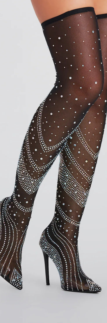 Unforgettable Slay Rhinestone Mesh Thigh-High Boots