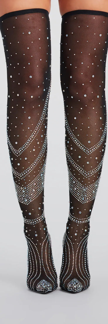 Unforgettable Slay Rhinestone Mesh Thigh-High Boots