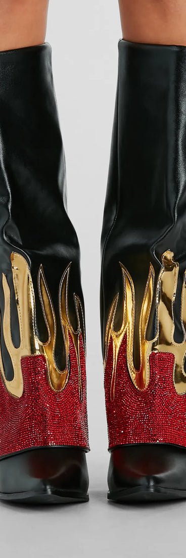 Too Hot To Handle Rhinestone Flame Fold-Over Boots