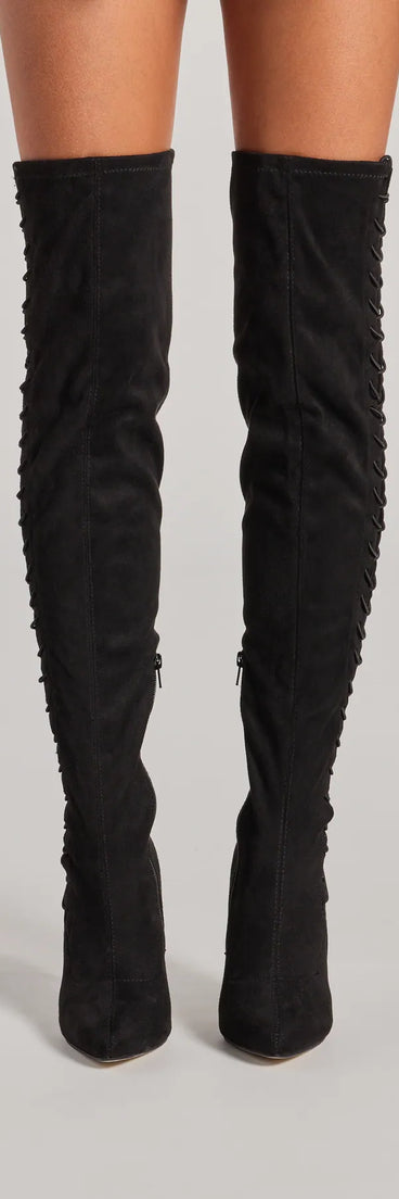 Always On Point Lace-Up Thigh High Stiletto Boots, a trendy black addition to women's going-out outfits, is ideal for Christmas party outfits, chic NYE attire, or winter night-out looks that keep you on-trend!