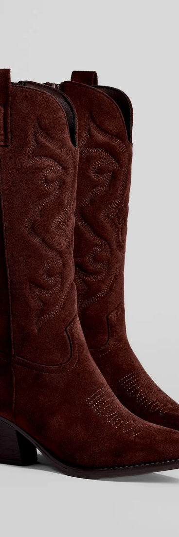The Country Threads Western Microsuede Cowboy Boots in brown brings edge and energy to your vibe, ready to elevate any festival look or concert outfit.