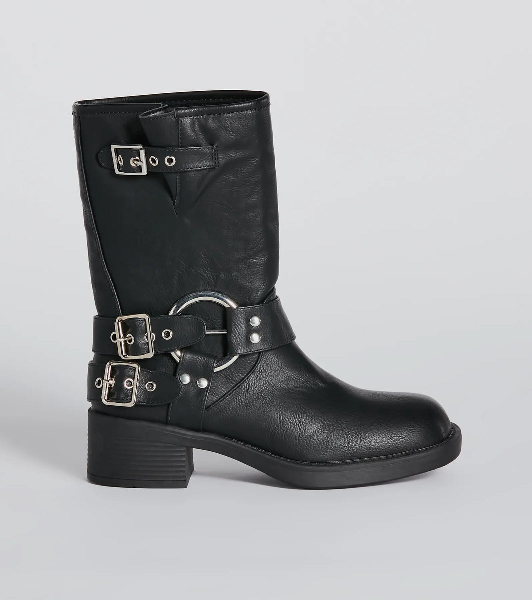 Sleek Deets Strappy Faux Leather Biker Boots | Windsor