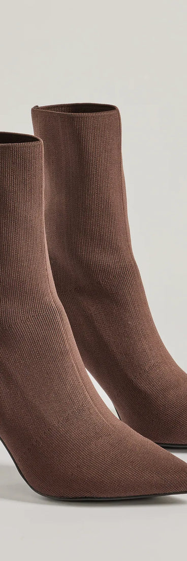 Elevate your work wardrobe with the It-Girl Strut Knit Stiletto Booties in brown, a versatile women's shoe perfect for the office; that combines style with comfort for seamless desk-to-dinner transitions.