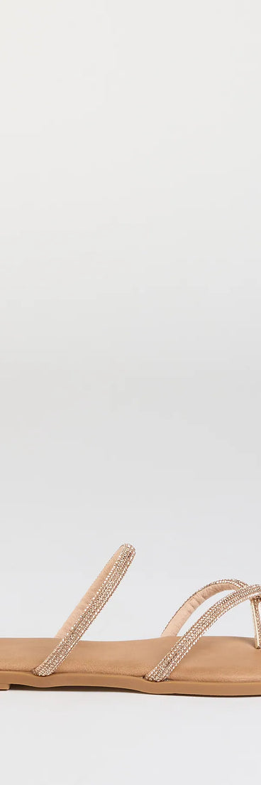 Elevate warm-weather looks with Always Shining Rhinestone Strappy Sandals in rose gold, a pair of trendy sandals bringing chic, modern flair to every step.