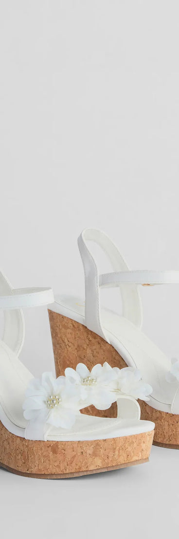 Whimsical Touch Pearl Flower Strap Cork Wedges