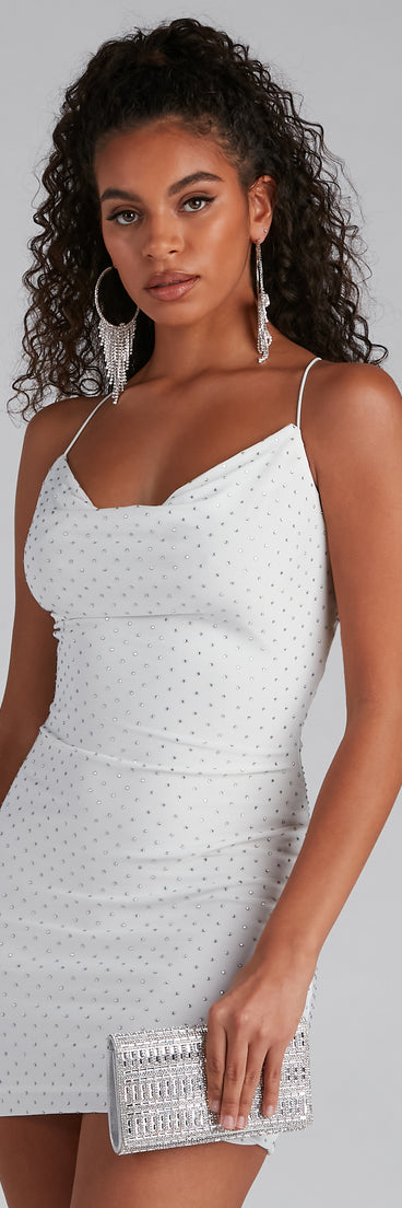 The Avery Formal Heat Stone Cowl Neck Mini Dress is a gorgeous pick as your 2023 prom dress or formal gown for wedding guest, spring bridesmaid, or army ball attire!