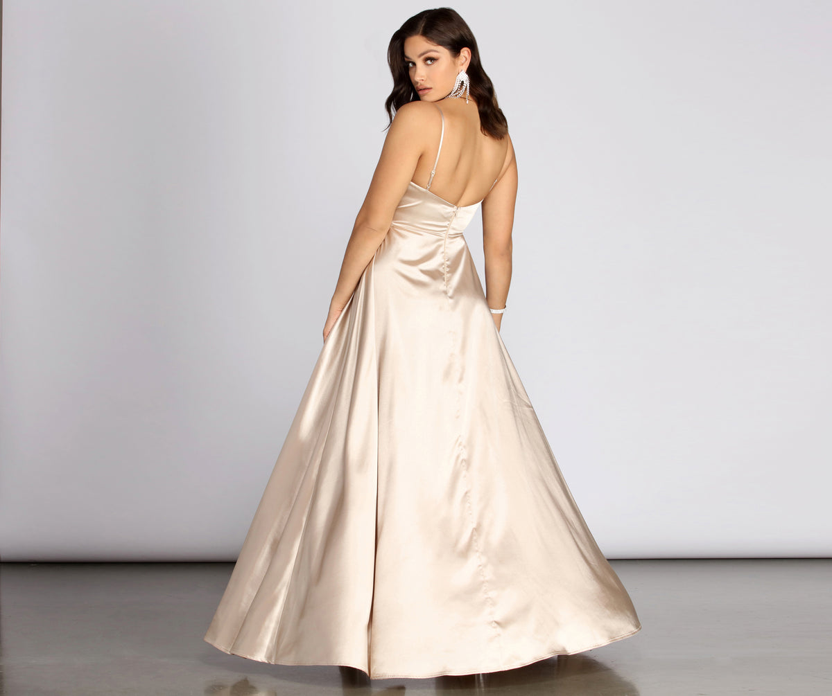 kristen's formal dresses Kristen Formal Satin Cowl Neck Midi Dress