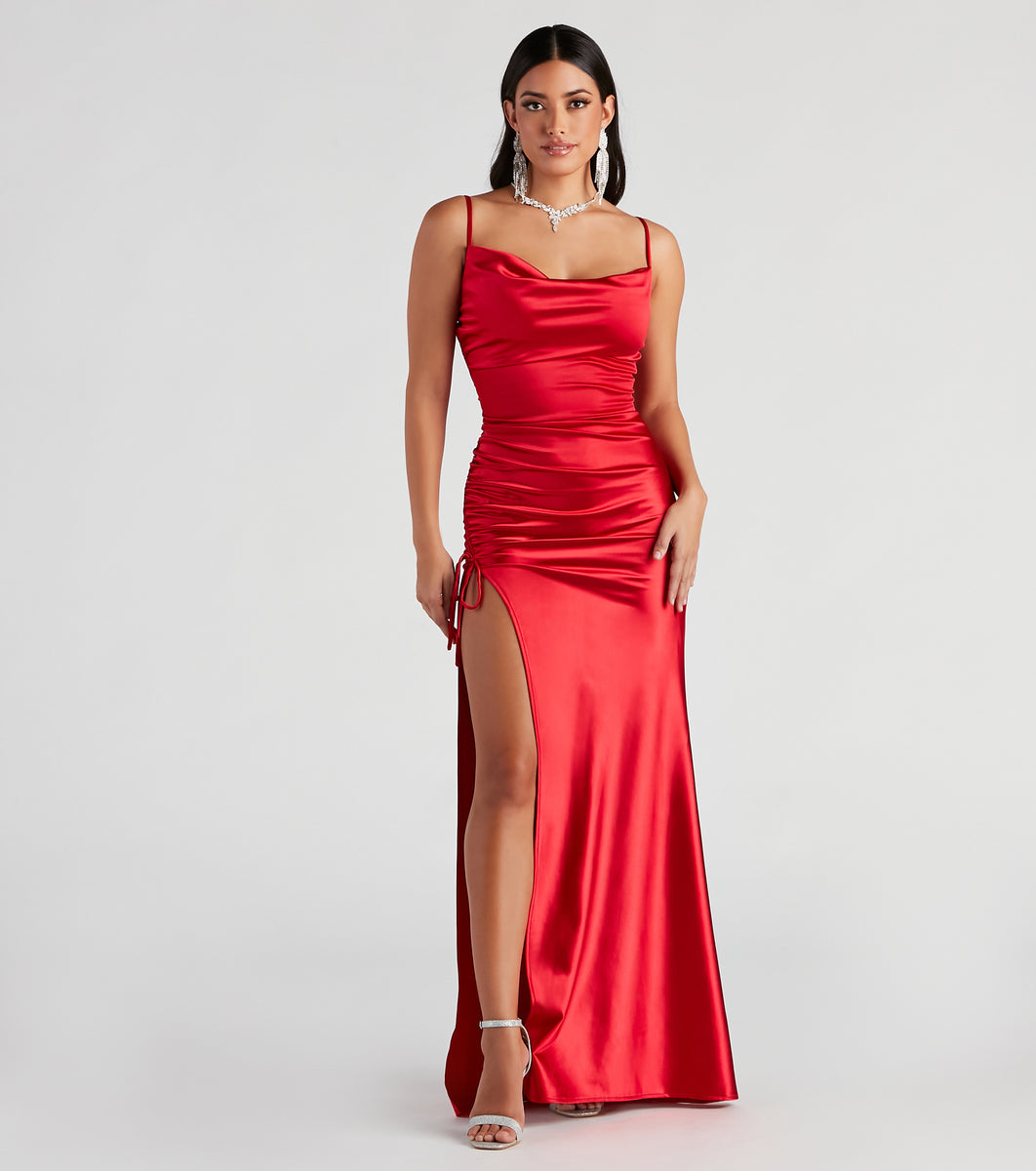Satin Dress Windsor Red Long Dress Drea Formal High Slit Ruched