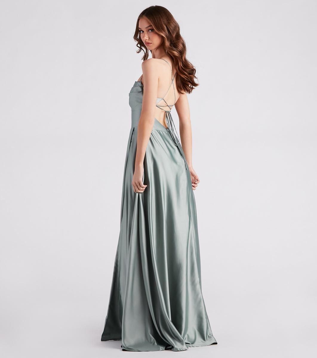 A-Line Floor Length Cowl Neck Classic Satin Dress Dusty Rose