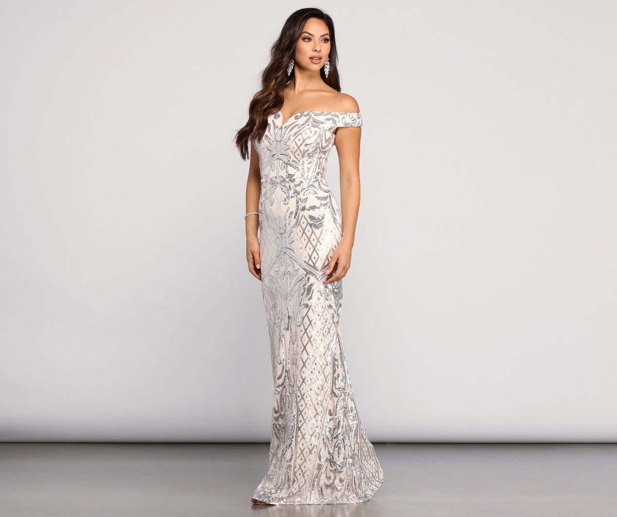 silver sequin off the shoulder dress Janessa Formal Off The Shoulder Dress