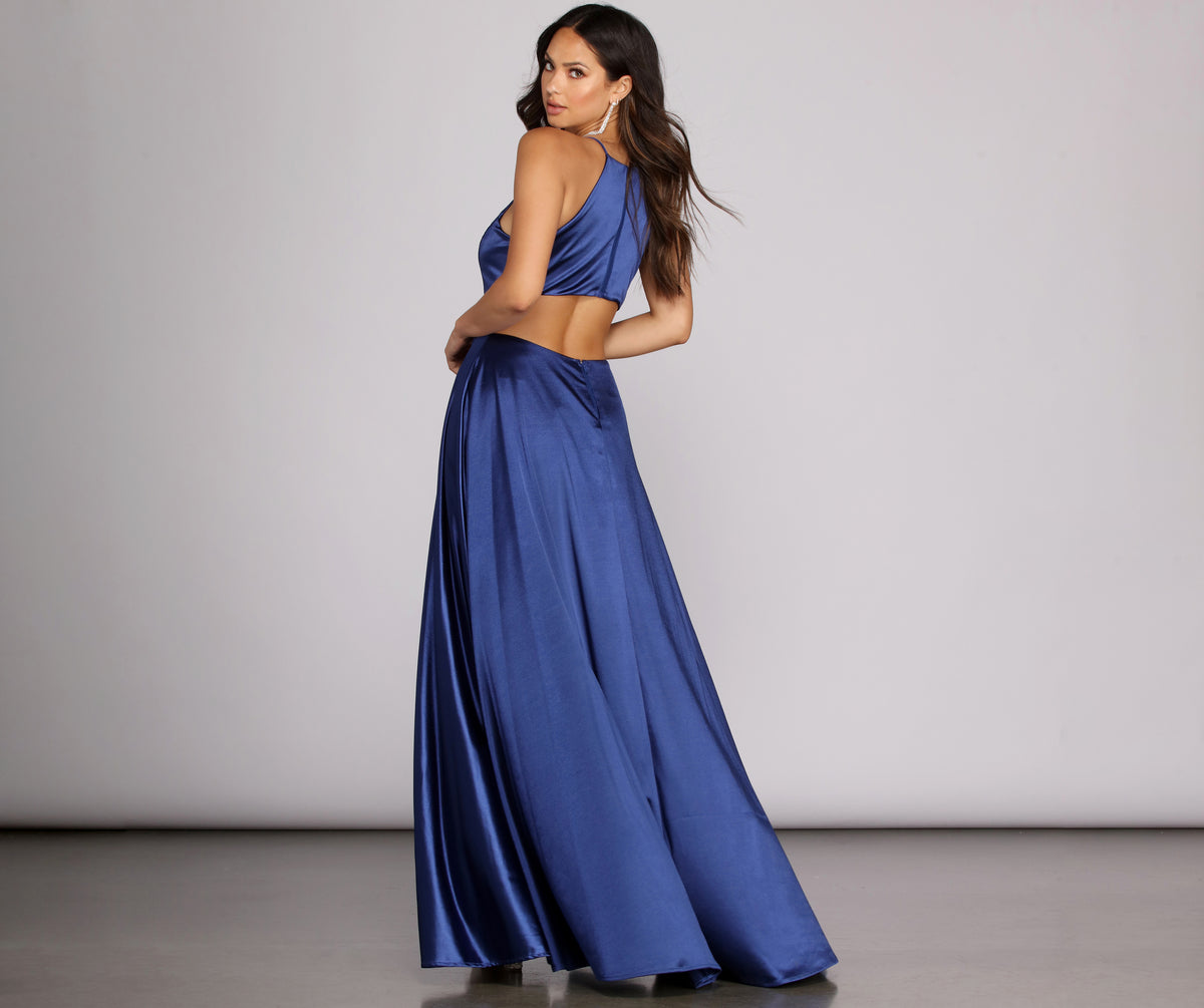 gabrielle formal high slit satin dress Graduation Dress Gabrielle Formal High Slit Satin Dress Penelope Satin Gown In Scarlet Orange By Sau Lee RENTAL The