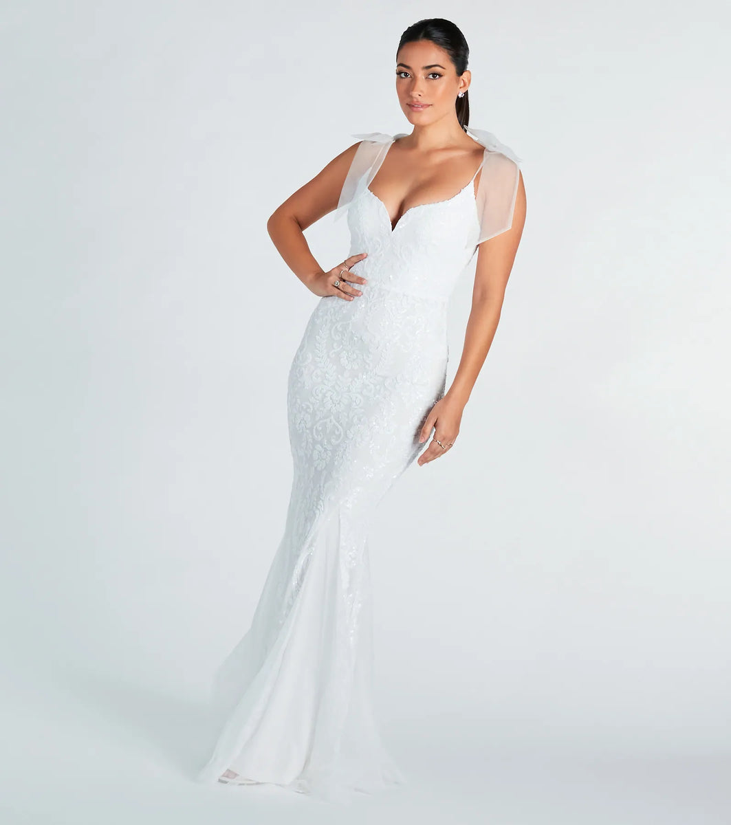 Mermaid Long Vertical Sequin Formal Dresses with Ruffle Sleeves & Tulle Overlay main image 1