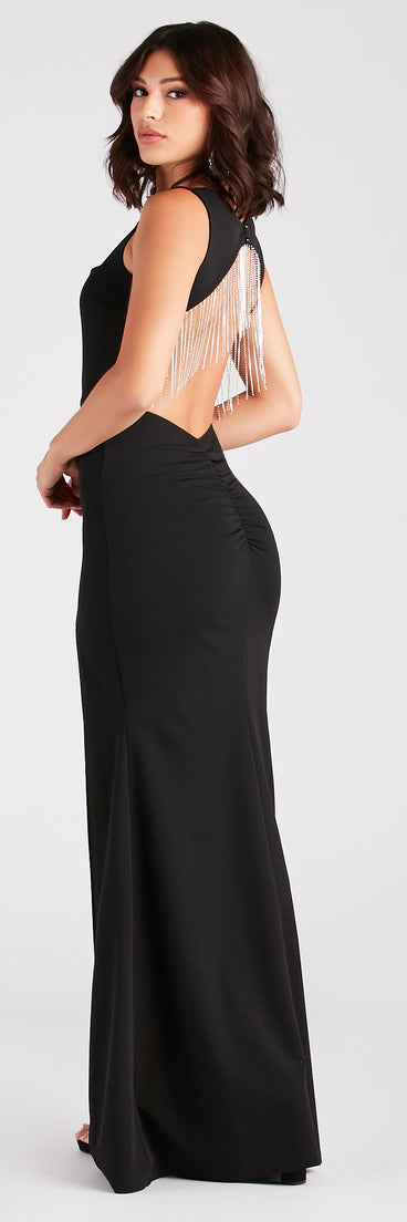 Bella Formal Crepe Rhinestone Open Back Dress is a stunning choice for a bridesmaid dress or maid of honor dress, and to feel beautiful at Prom 2024, spring or summer weddings, formals, & military balls!