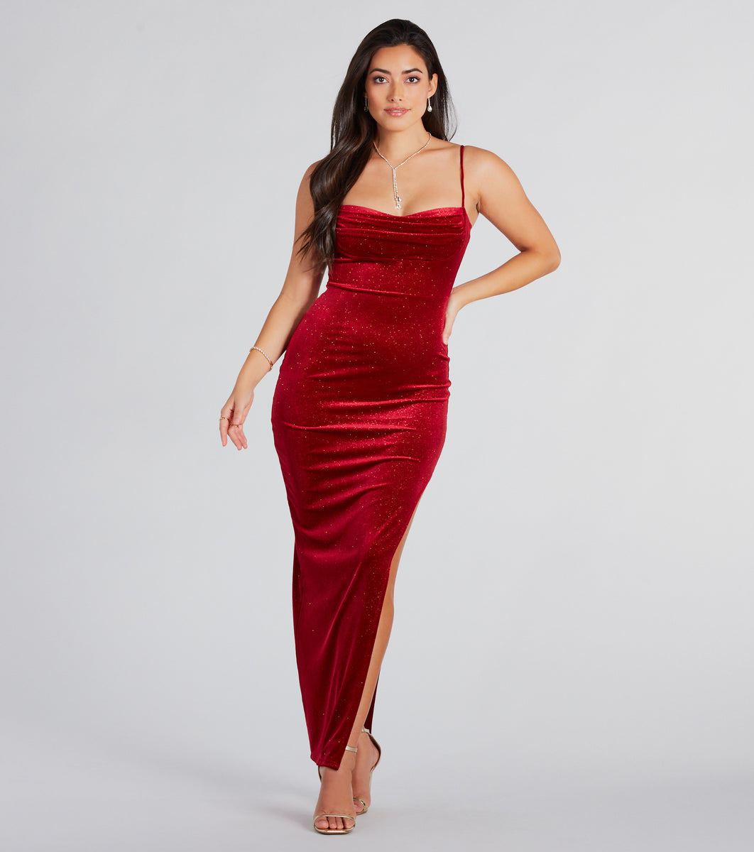 Azelia Formal Glitter Velvet Slit Long Dress Windsor