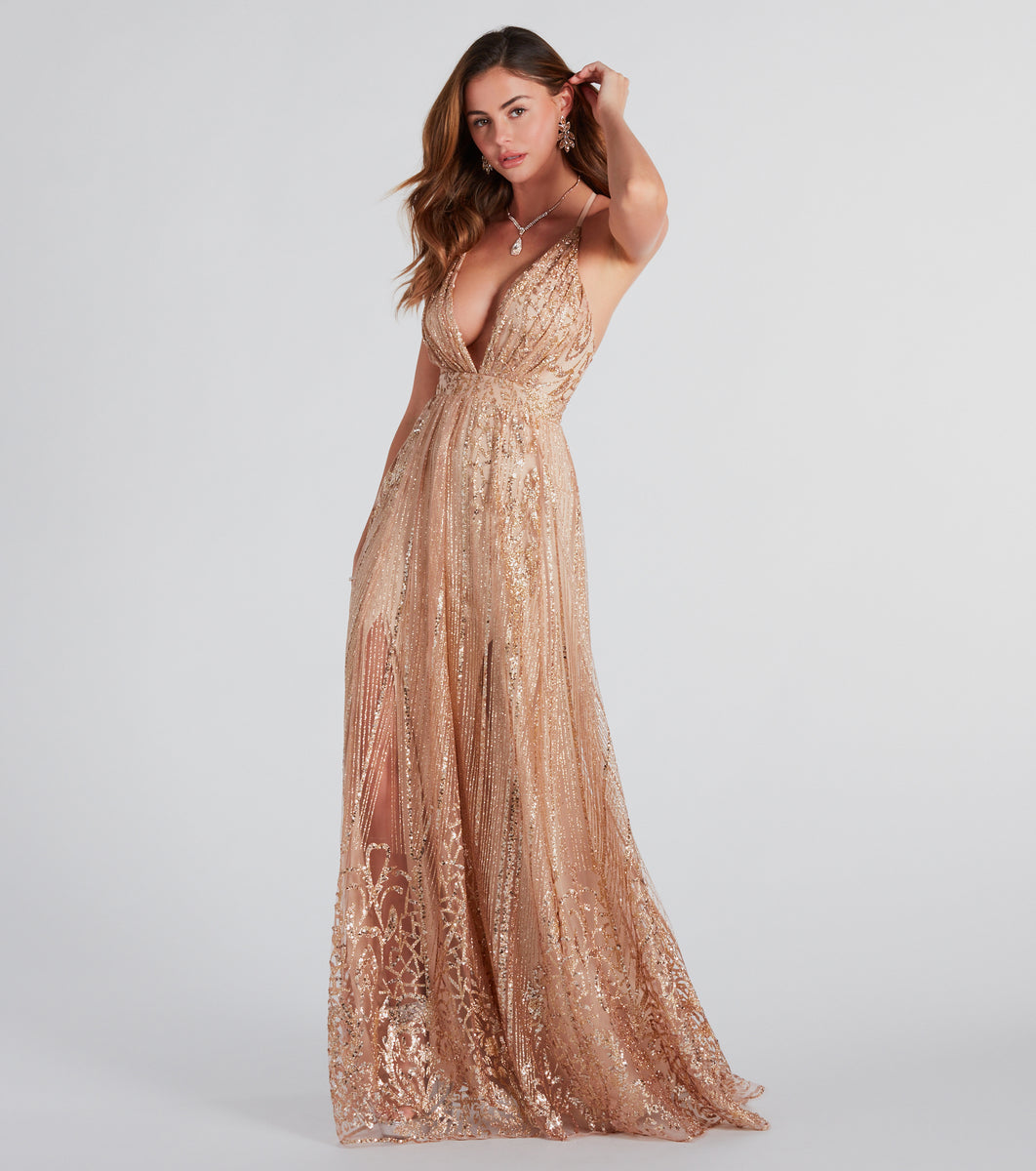 Sequined Gold Flowy Tulle Aline Long Formal Dress with Illusion Neckline -  $123.9768 #MX16038 