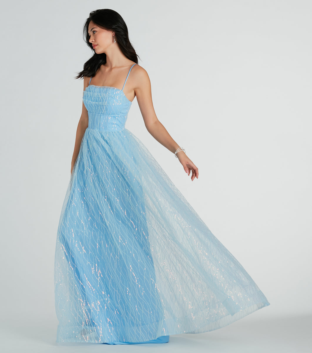 Structured Bodice Belted A-Line Formal Dress Turquoise