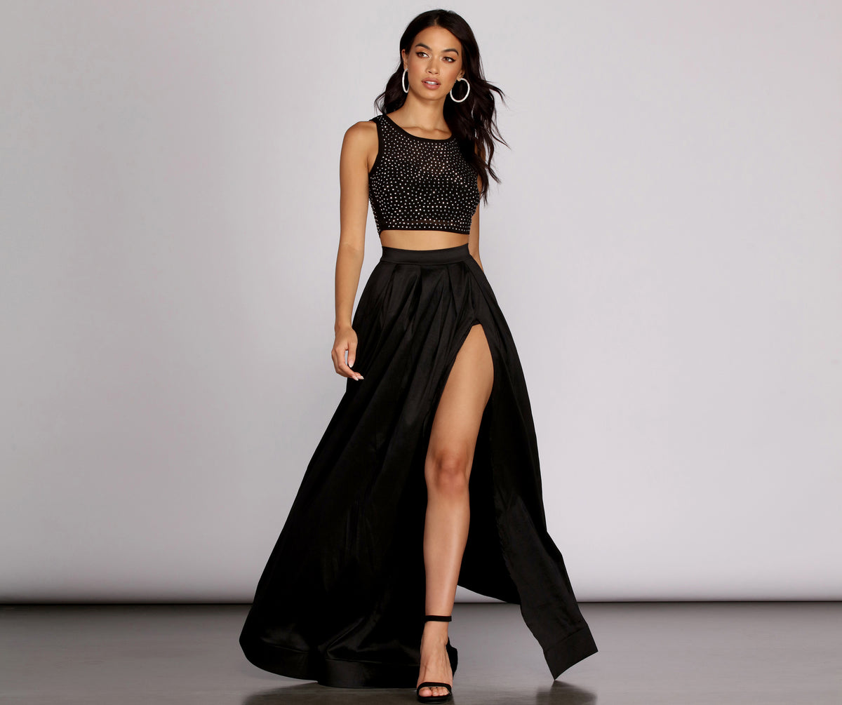 crop top and skirt formal dress Bateau Crop Tops Long Satin A-Line Skirt 2 Piece Set Black Prom Dress