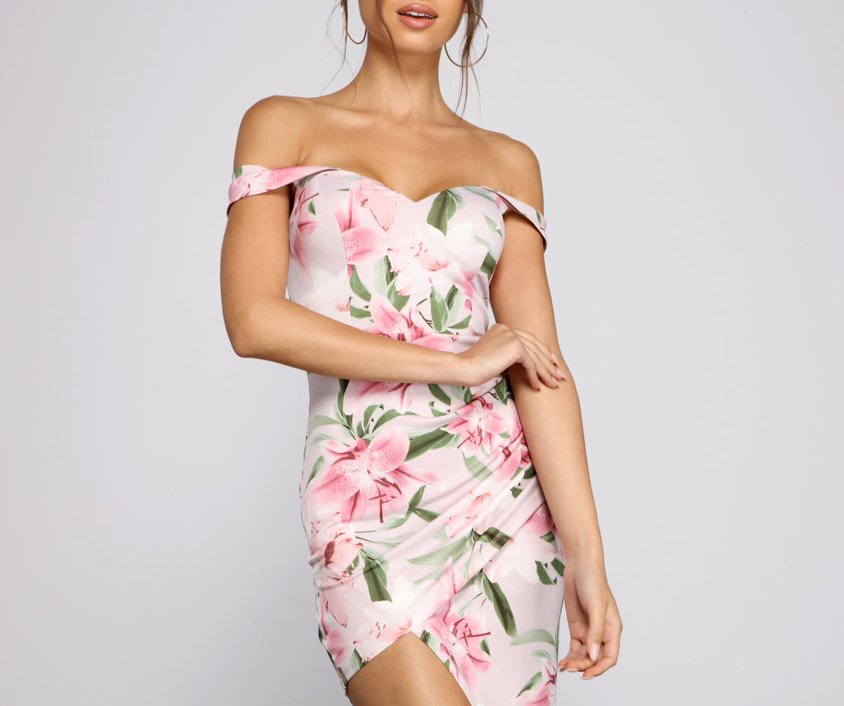 Floral Off The Shoulder Asymmetrical Midi Dress | Windsor Floral Off The Shoulder Asymmetrical Midi Dress | Windsor
