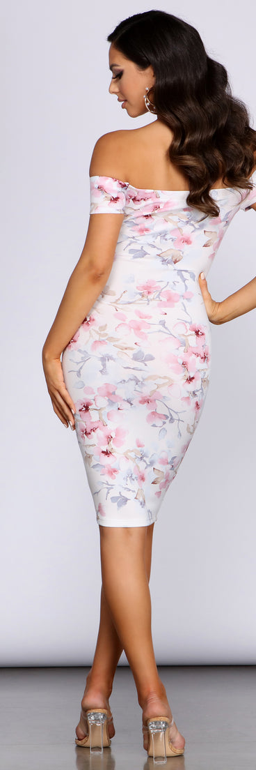 Dreamy Petals Off Shoulder Midi Dress creates the perfect spring wedding guest dress or cocktail attire with stylish details in the latest trends for 2023!