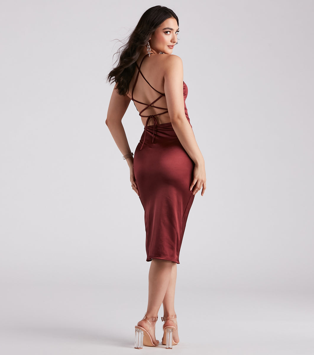 Rosette Satin Halter Midi Dress