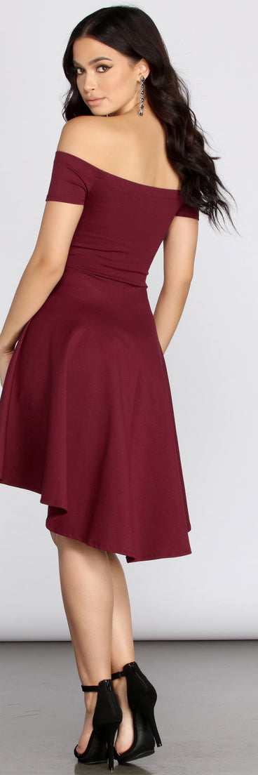 All The Rage Off the Shoulder Skater Burgundy Dress Back Silhouette