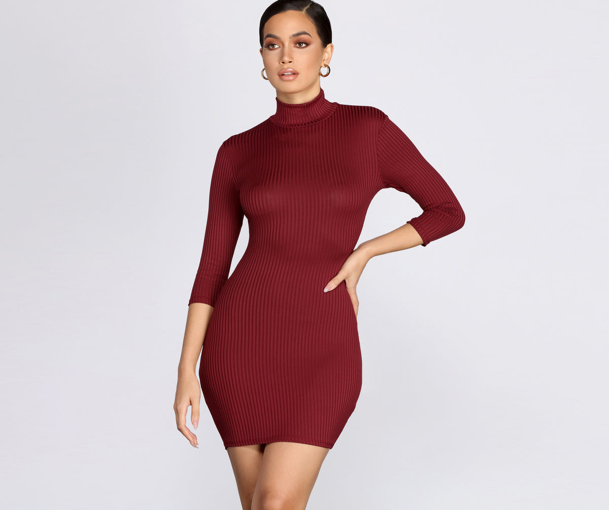 red sweater dress turtleneck Ribbed Knit Turtleneck Mini Dress