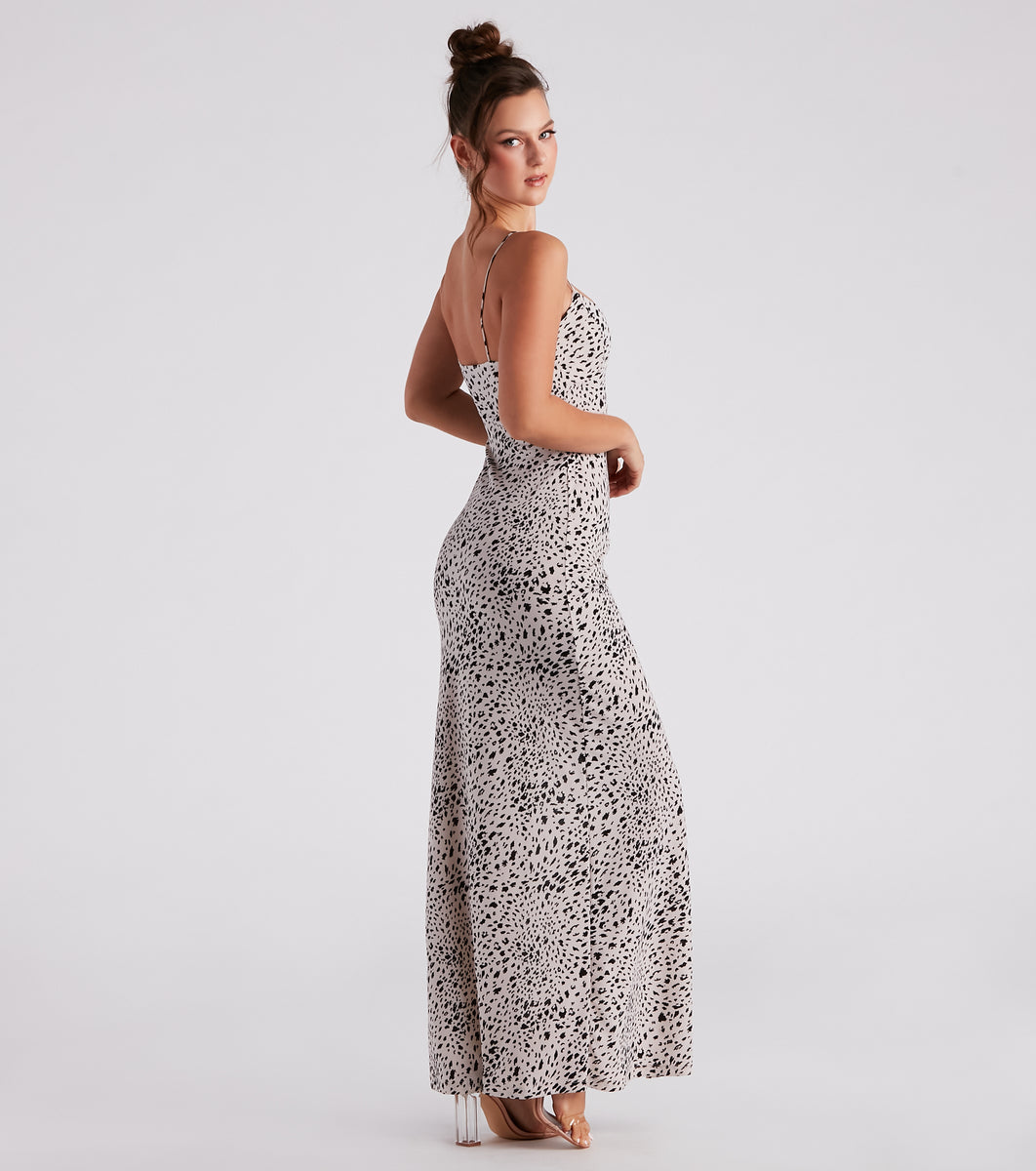White Leopard Print Notch V Neck Loose Fit Maxi Dress main image 1