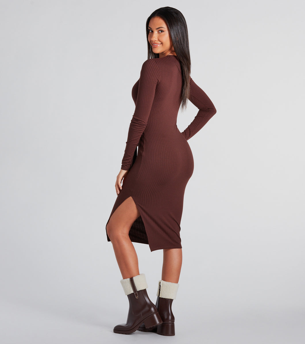 Stylish Staple Tie-Front Ribbed Knit Midi Dress | Windsor