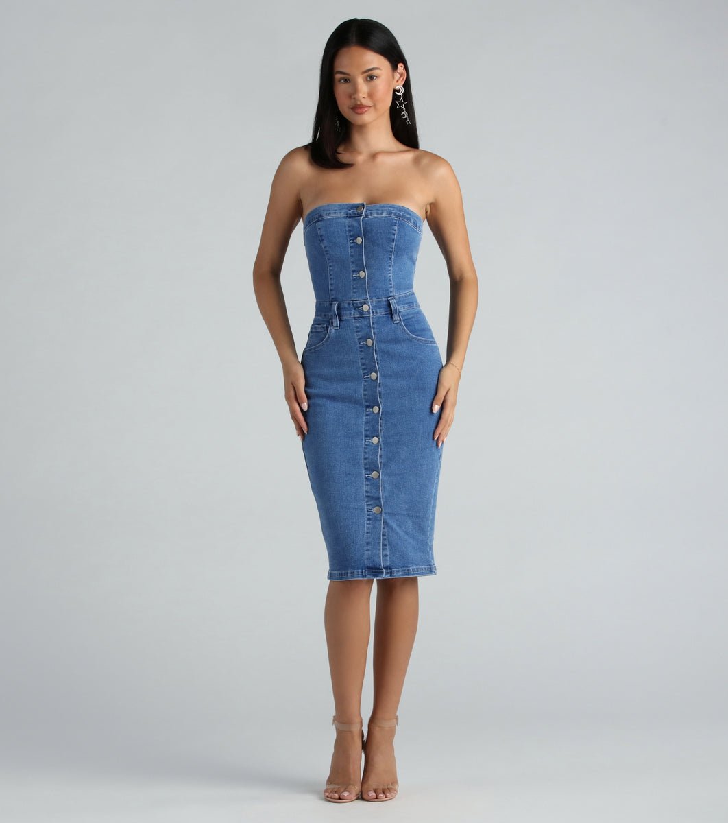 On The Down Low Denim Strapless Midi Dress | Windsor On The Down Low Denim Strapless Midi Dress | Windsor