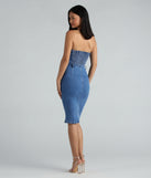 On The Down Low Denim Strapless Midi Dress creates spring wedding guest dress with stylish details, the perfect midi dress for graduation, or for a cocktail party look in the latest midi-length trends for 2024!
