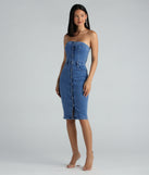 On The Down Low Denim Strapless Midi Dress creates spring wedding guest dress with stylish details, the perfect midi dress for graduation, or for a cocktail party look in the latest midi-length trends for 2024!