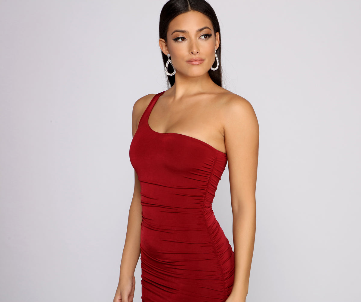 Super Bloom One Shoulder Ruched Mini Dress
