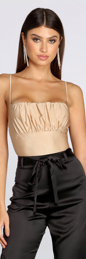 Dress up in Sleeveless Ruched Satin Bodysuit as your going-out dress for holiday parties, an outfit for NYE, party dress for a girls’ night out, or a going-out outfit for any seasonal event!