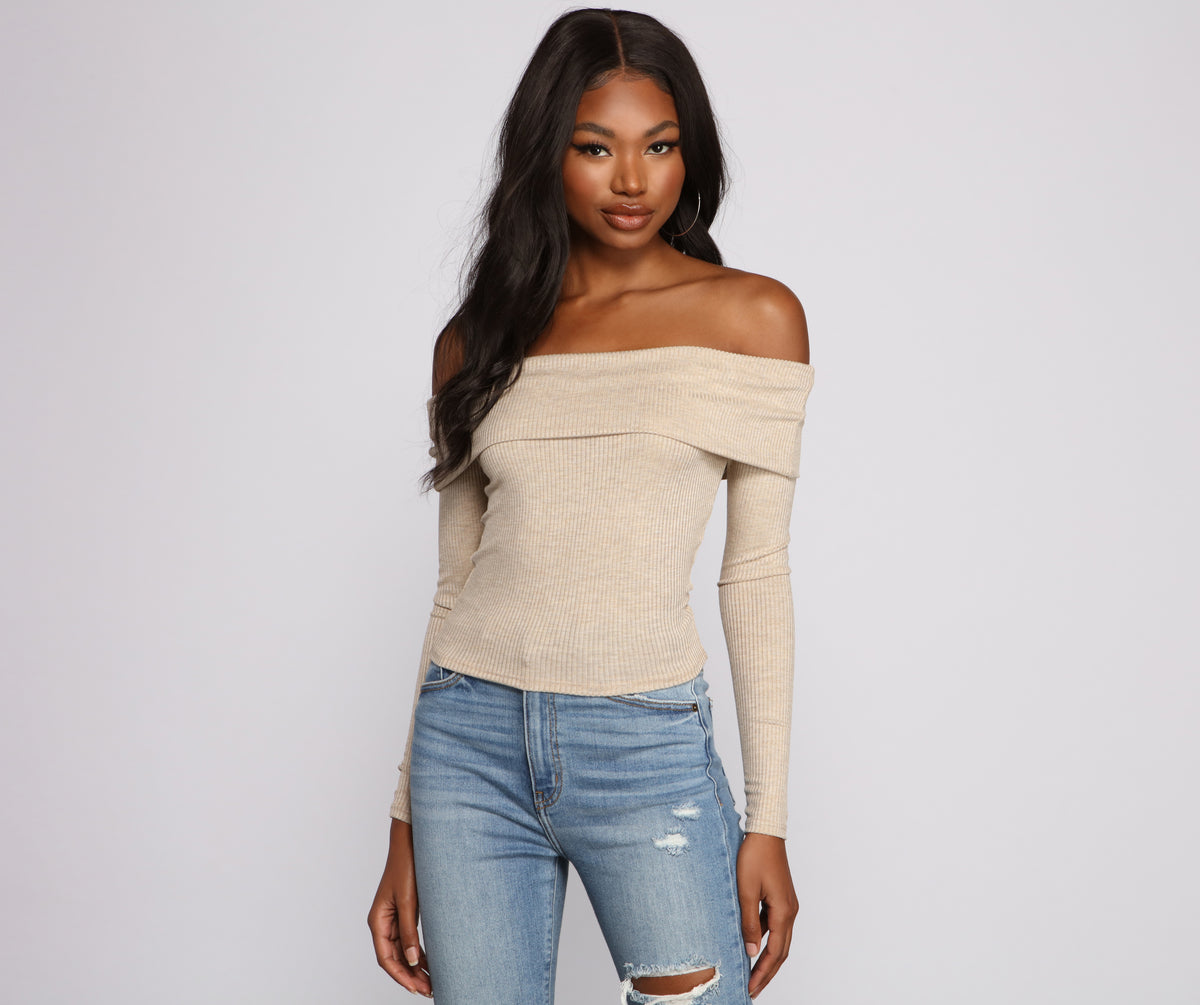 Ribbed Off The Shoulder Fold-Over Top