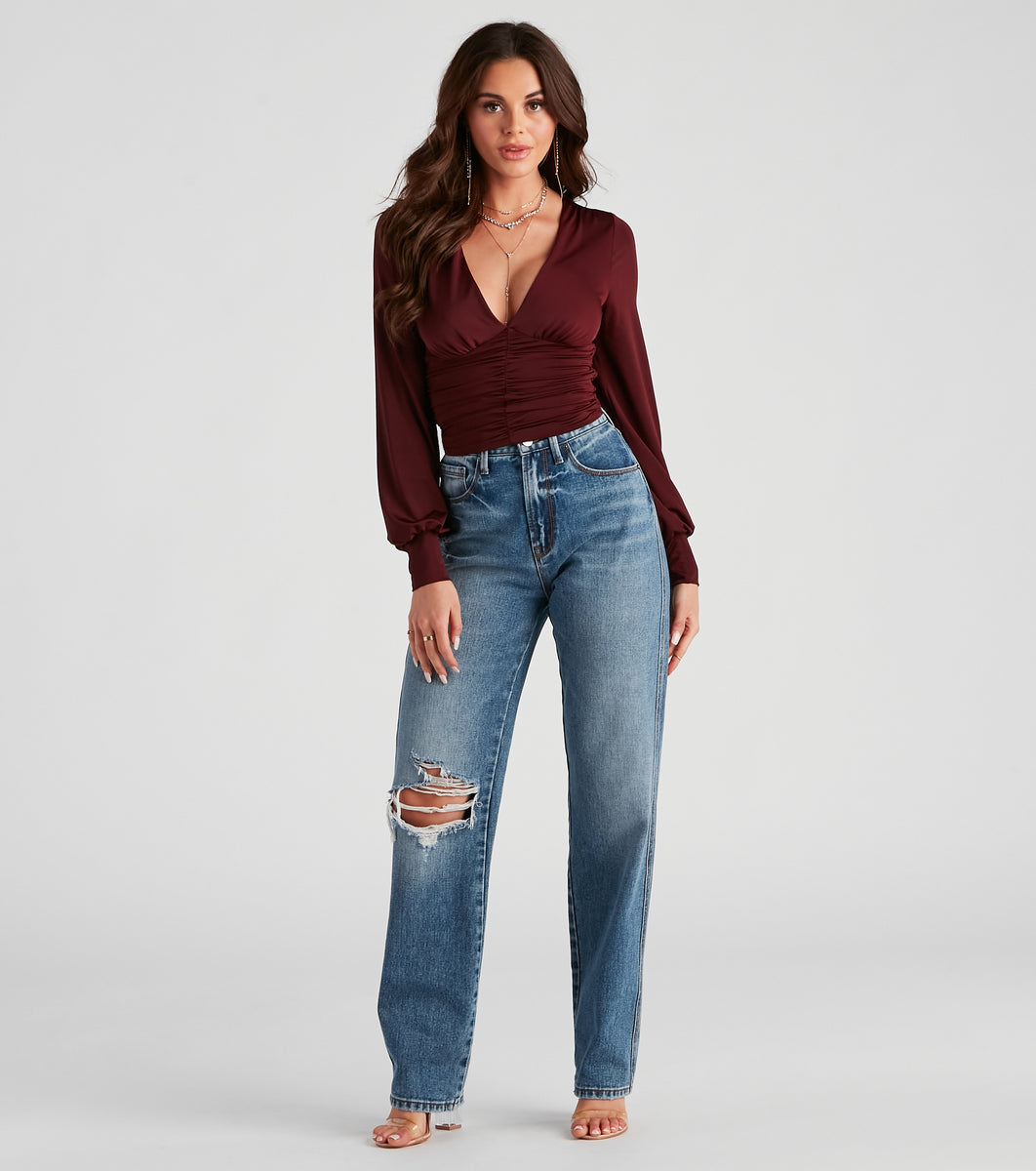 Serenity Classic V-Neck Solid Color Bow Top main image 1