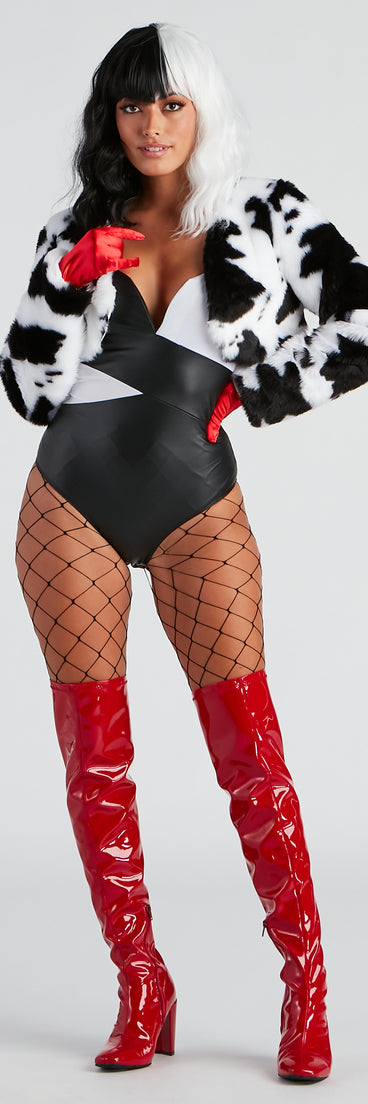 Women's Villainous Diva Costume from Windsor styled with a black and white spotted faux fur jacket, a black and white bodysuit, red gloves, red thigh-high boots, and large gauge fishnet tights